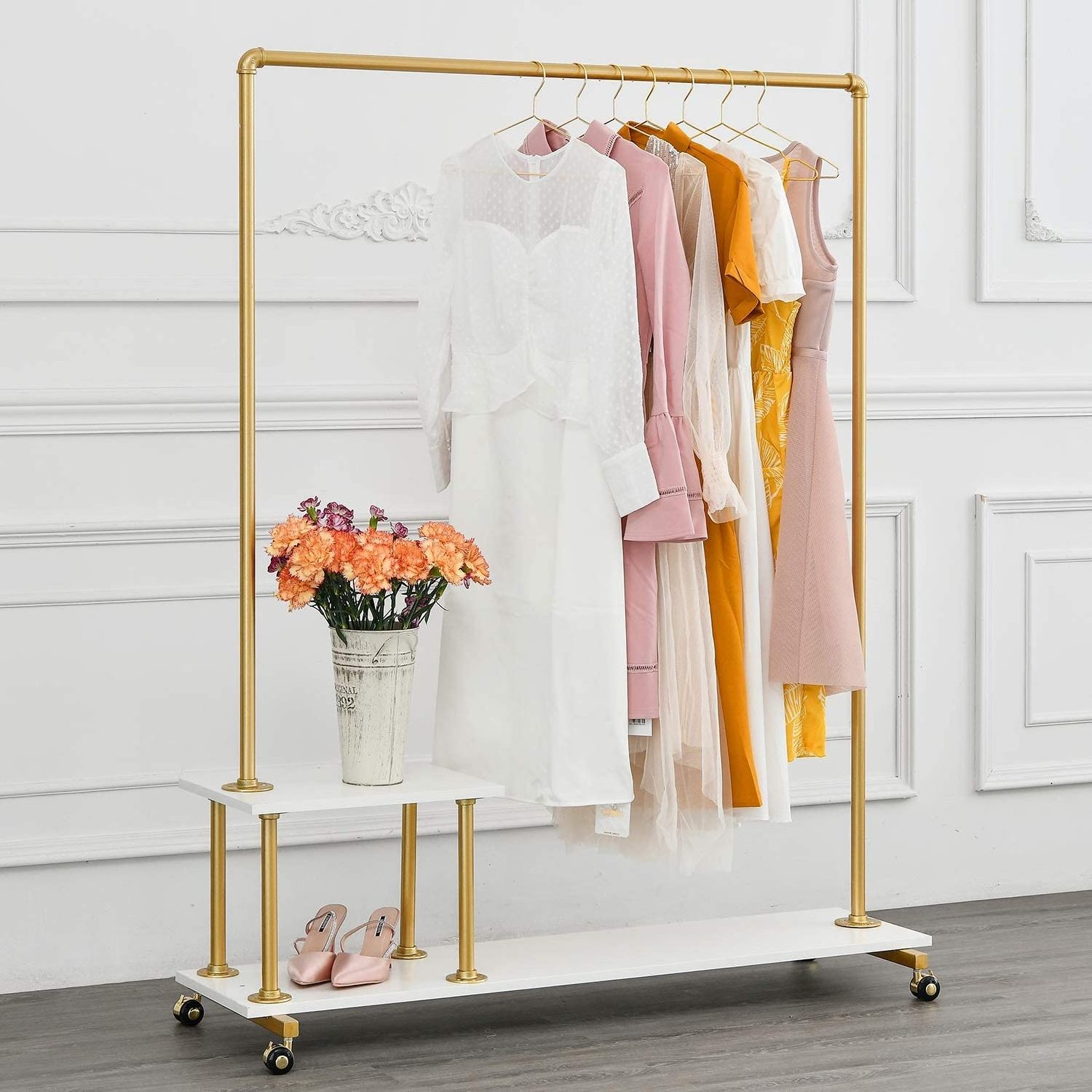 Metal Rolling Clothing Rack With Wheels Industrial Pipe Clothes Rack Display Heavy Duty Modern Garment Rack For Laundry Room