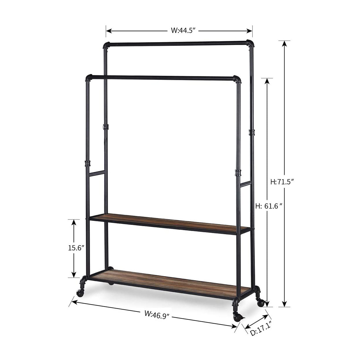 Multipurpose   Industrial Pipe Double Rail Hall Tree with Shoe Storage on Wheel 2 Shelf Rolling Clothes Rack Organizer