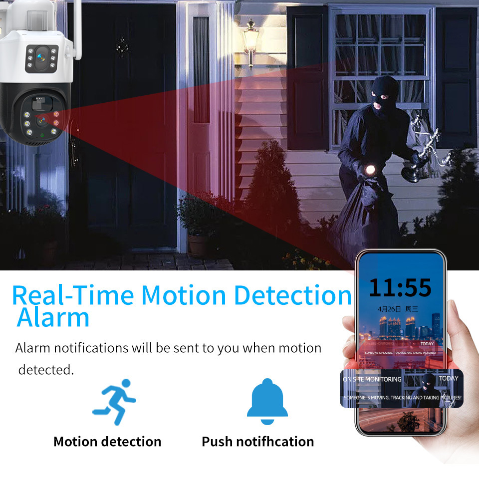 8MP PIR Human Detection Dual Lens Screen Lower Power Outdoor Security Surveillance IP WIFI Wireless PTZ Camera 4G Solar Panel