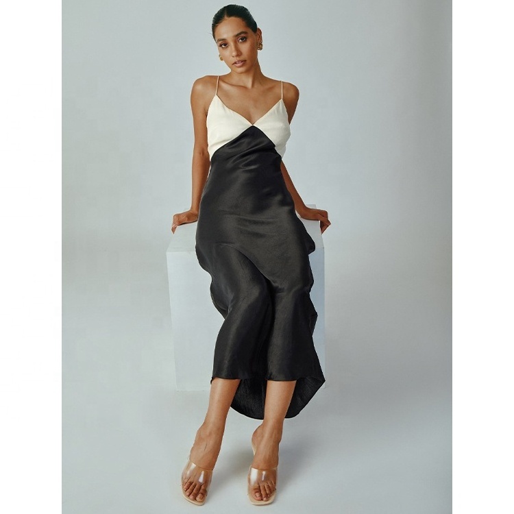 ENYA Fashion Women Viscose Satin Dress Bias Cut Skirt Contrast Color Deep V Neck Design Slim Fit High End Prom Long Slinky Dress