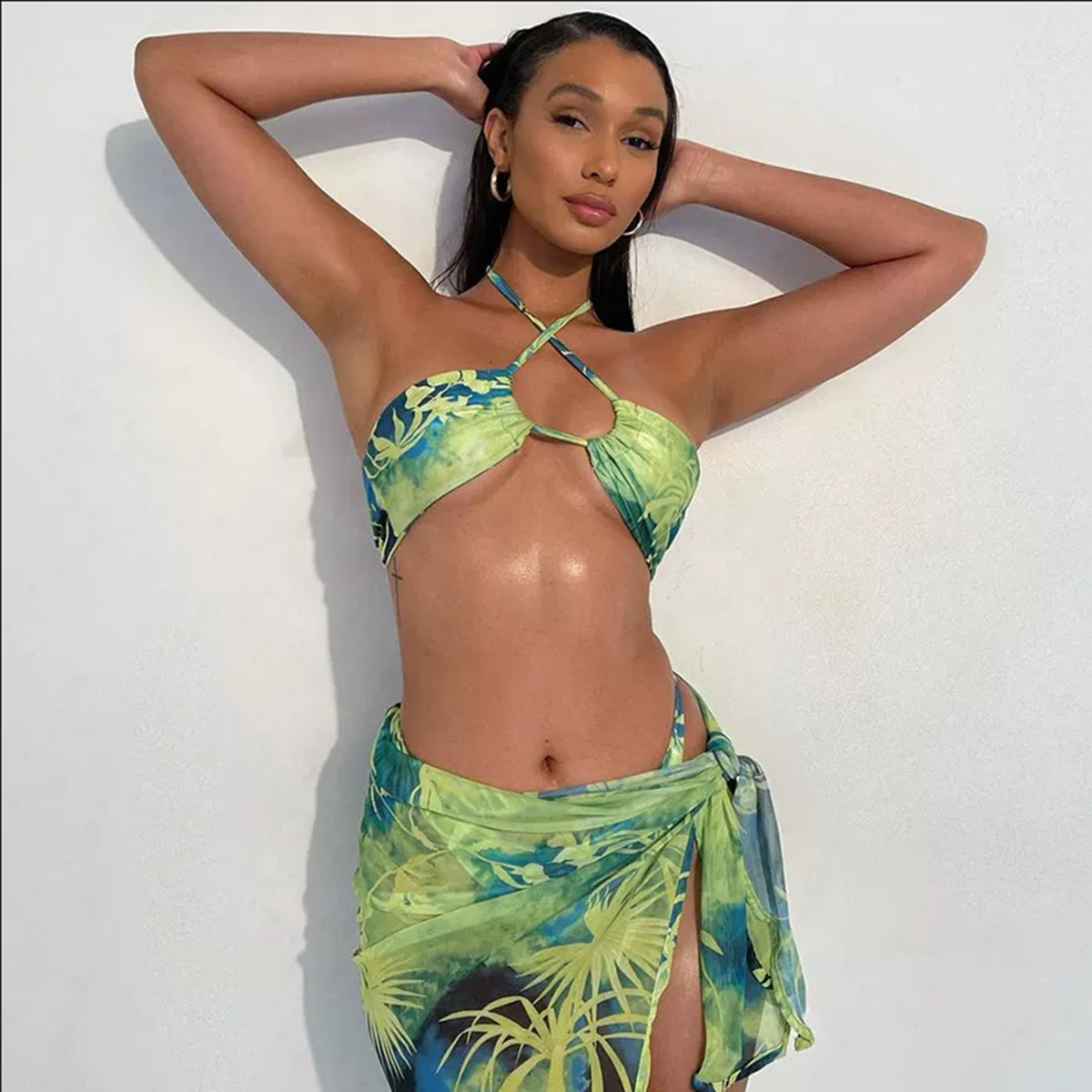 Enyami Bohemian Beach Wear Swimming 3 Piece Swimwear Costume Sexy Ribbon Print Lace Bikini Set Women Swimsuits For Women 2022