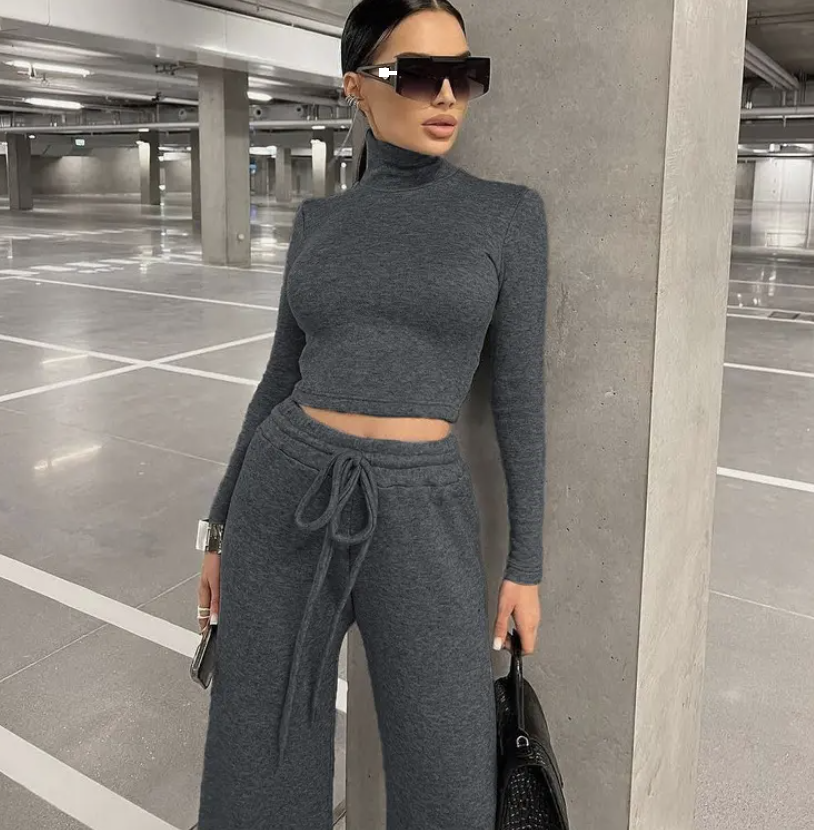 Enyami Urban Wear Autumn Winter Sporty Knitted Co Ords Women Outfit Turtleneck Sweatshirt Pants 2 Piece Jogger Set Tracksuits