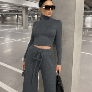 Enyami Urban Wear Autumn Winter Sporty Knitted Co Ords Women Outfit Turtleneck Sweatshirt Pants 2 Piece Jogger Set Tracksuits