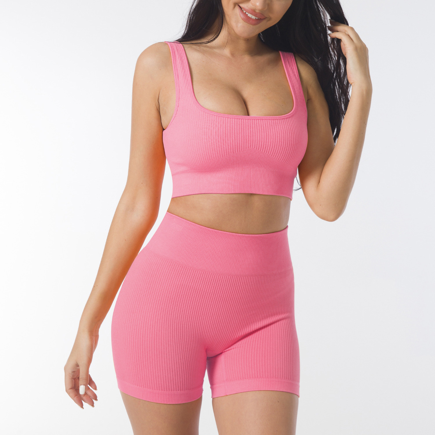 Enyami Sports Gym Sexy Outfit Matching Suit Nylon Ribbed Tank Top Biker Shorts Sexy 2 Two Piece Co Ord Sets