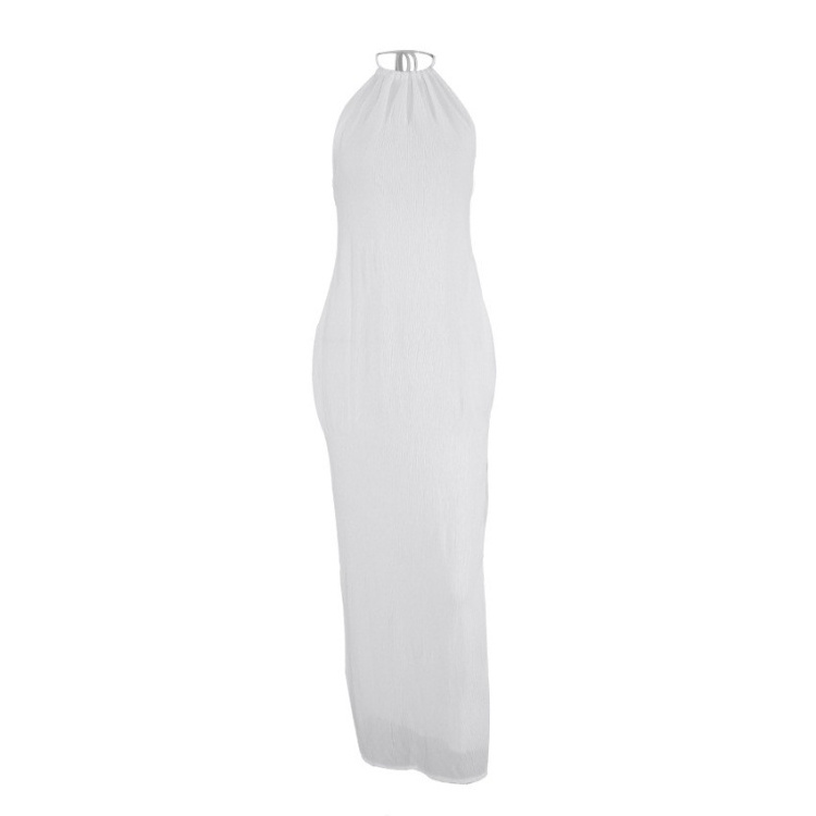 Enyami Chiffon Plisse Party Guest Wedding Split Maxi White Sundress Sexy Halter Pleated Elegant Dating Women Bridesmaid Dress