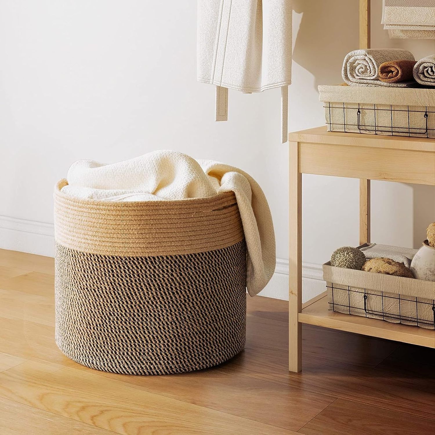 Large Woven Laundry Cotton Wicker Storage Basket for Shoes Jute Boho Toy Basket Yoga Mat Storage Round Storage Bin