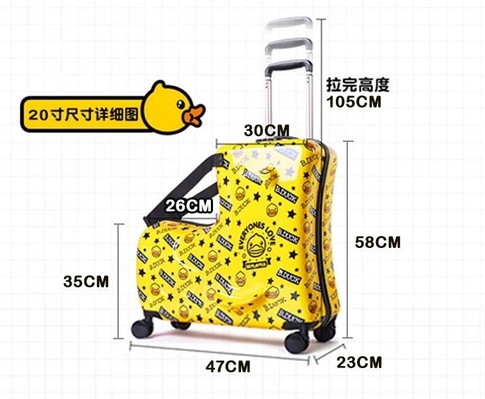 Customize 204 inch Children Travel Roll Kid Ride Trolley Luggage with Wheel Yellow Car Travel Suitcase Carry with Password Lock