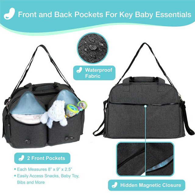 Gray Large Diaper Maternity Baby Messenger Bag with Shoulder Strap |Changing Mat |Insulated Pockets |Stroller Straps For Mom Dad