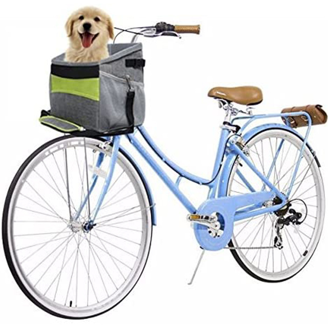 Gray Dog Bike Basket Bag Pet Soft Carrier WIth  Safety Leash |Drawstring Mesh Pockets |Visible Reflective Strip For Bike Seat