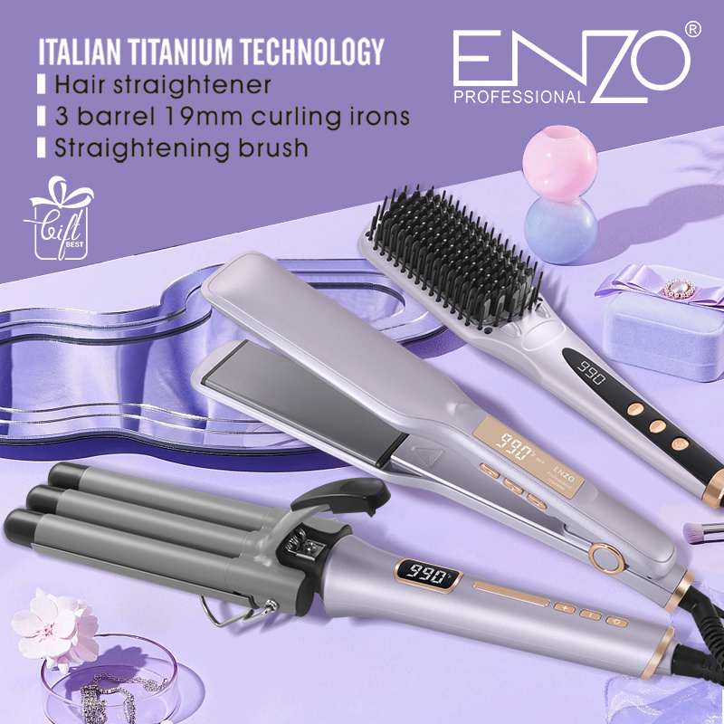 ENZO Hot Sale Flat Iron Set Wide Plate Ceramic Comb Three Stick Curling Iron And Hair Straightener Sets With Hot Hair Tool