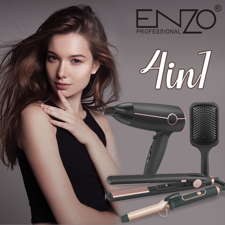 ENZO Professional 4 in 1 fashional hair straightener and brush and crimp and curler and hot comb and dryer Set curling iron