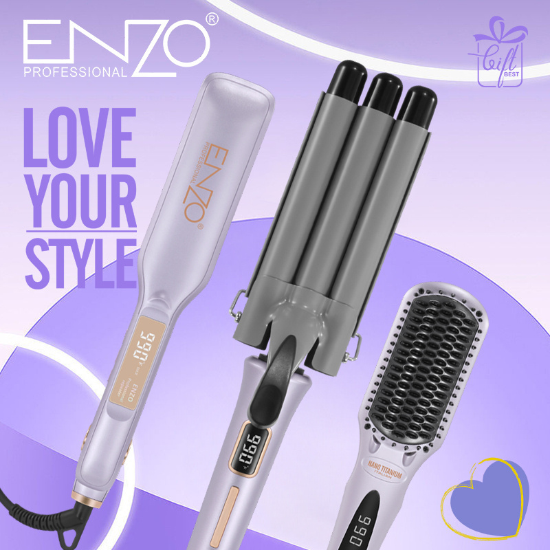 ENZO Hot Sale Flat Iron Set Wide Plate Ceramic Comb Three Stick Curling Iron And Hair Straightener Sets With Hot Hair Tool