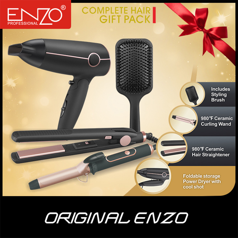 ENZO Professional 4 in 1 fashional hair straightener and brush and crimp and curler and hot comb and dryer Set curling iron