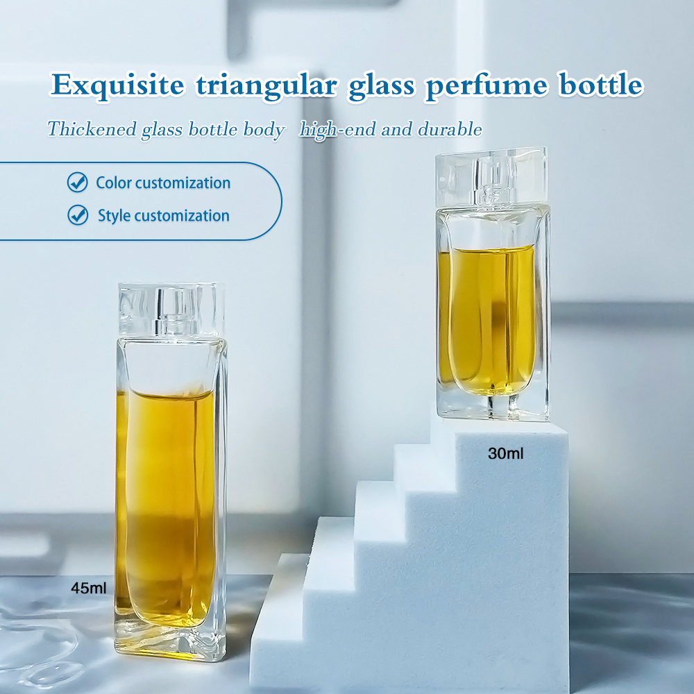 Free Sample 50Ml Unique Empty Clear Glass Flat Refillable Perfume Bottles With Spray Pumps Triangle Shape Hot Sale