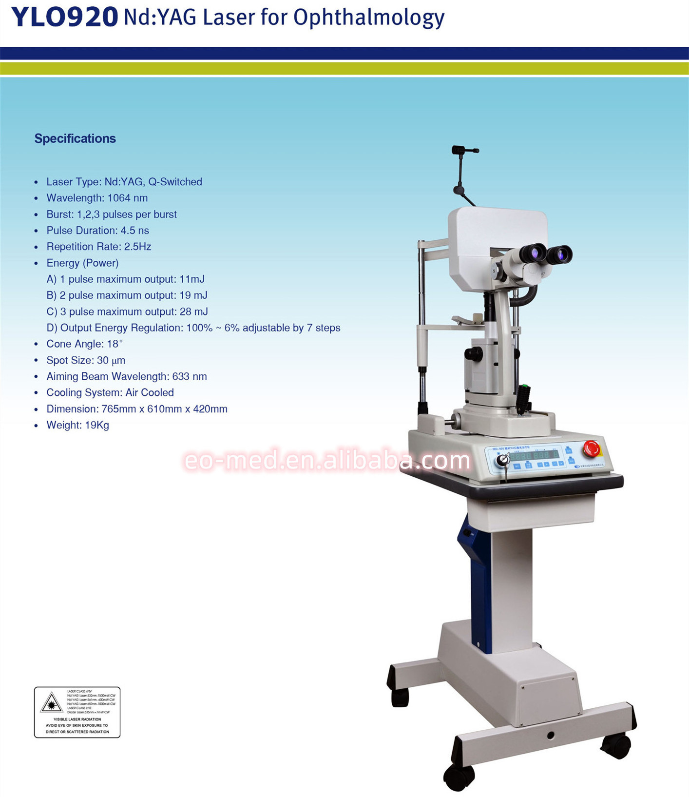 Long Work Life And Stable performance Ophthalmic YAG Laser Eye Surgery Machine YLO920