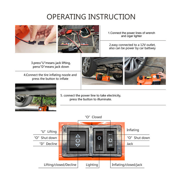 2022 3 in 1 Tire Lifting Car Repair Tools Inflator Flashlight Safe Hammer Portable 5T 150W Car Jack Electric Hydraulic