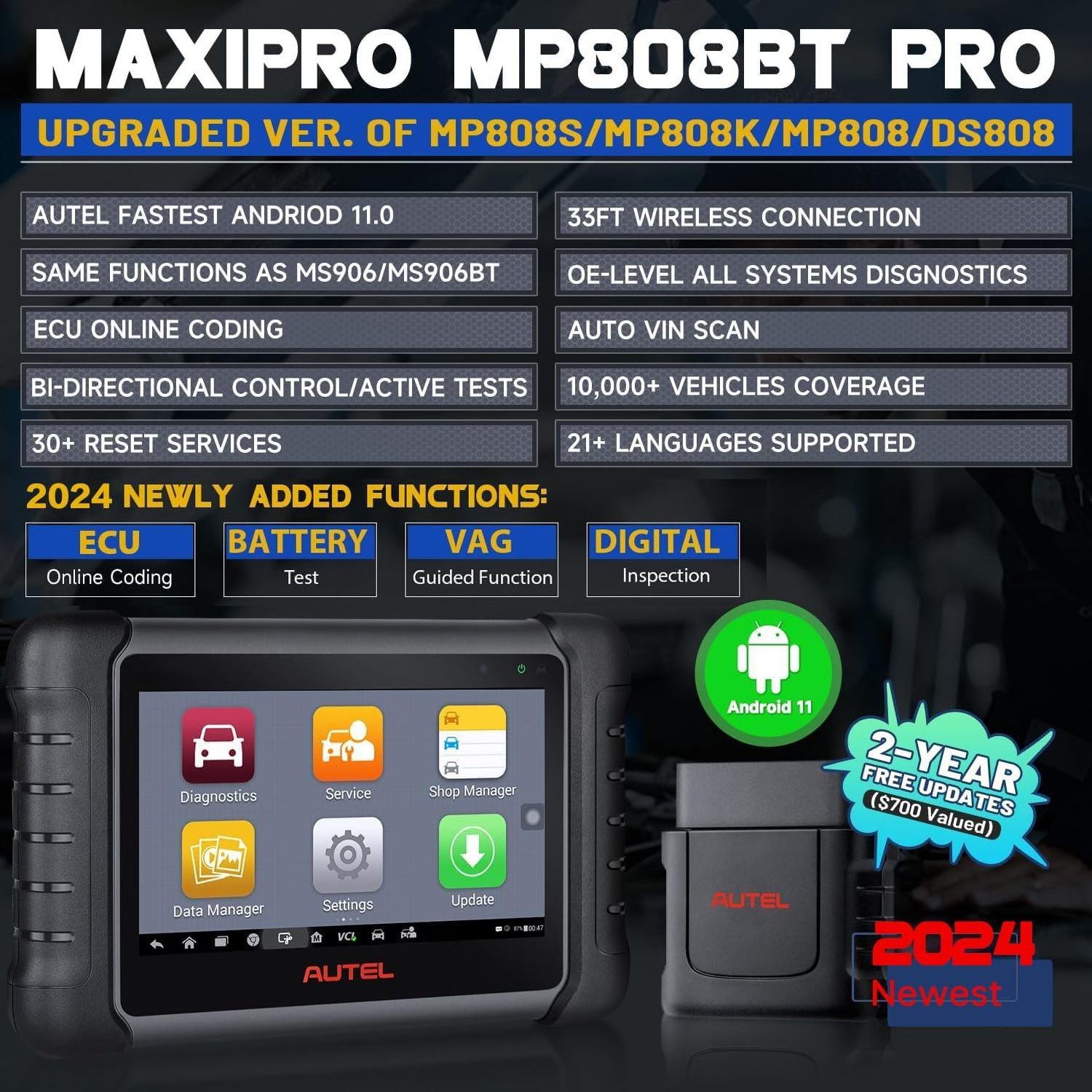 2 Years Update Free Upgrade of MS906 MP808 30+ Services ECU Coding Autel MaxiPRO MP808BT Pro Automotive Scan Tool for VAG Guided