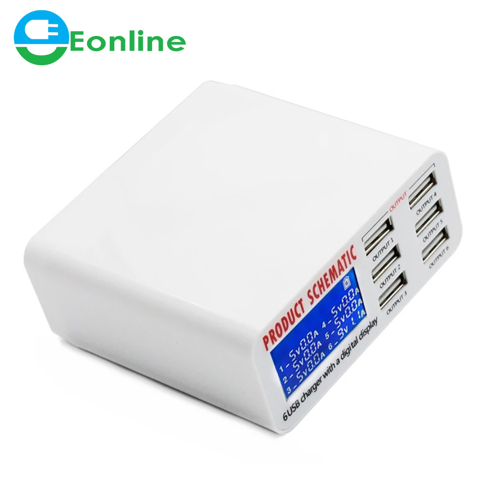 EONLINE 6A with LCD Digital Display 6 Port USB Charger Fast Smart Charging Station for iPhone Xiaomi Huawei Samsung Tablet