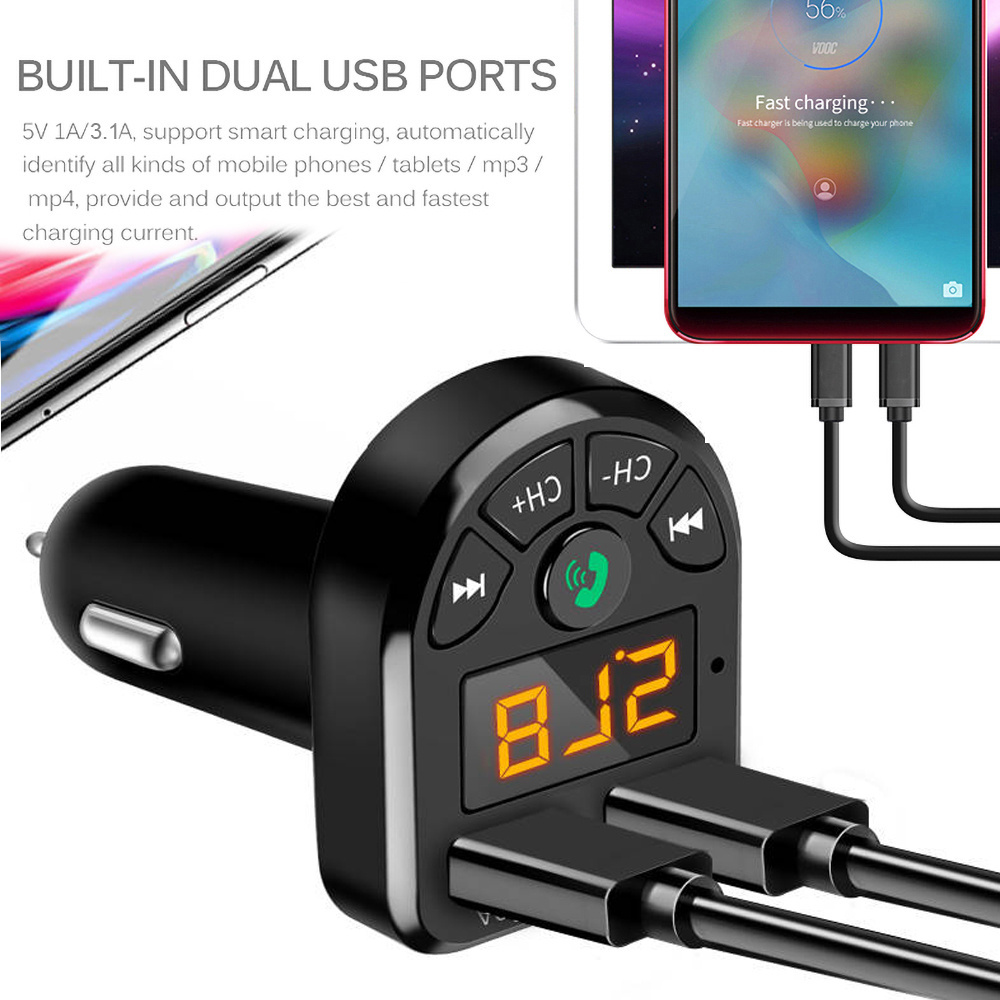 Eonline Wireless 5.0 FM Transmitter Car Kit MP3 Modulator Player Wireless Handsfree Audio Receiver Dual USB Fast Charger