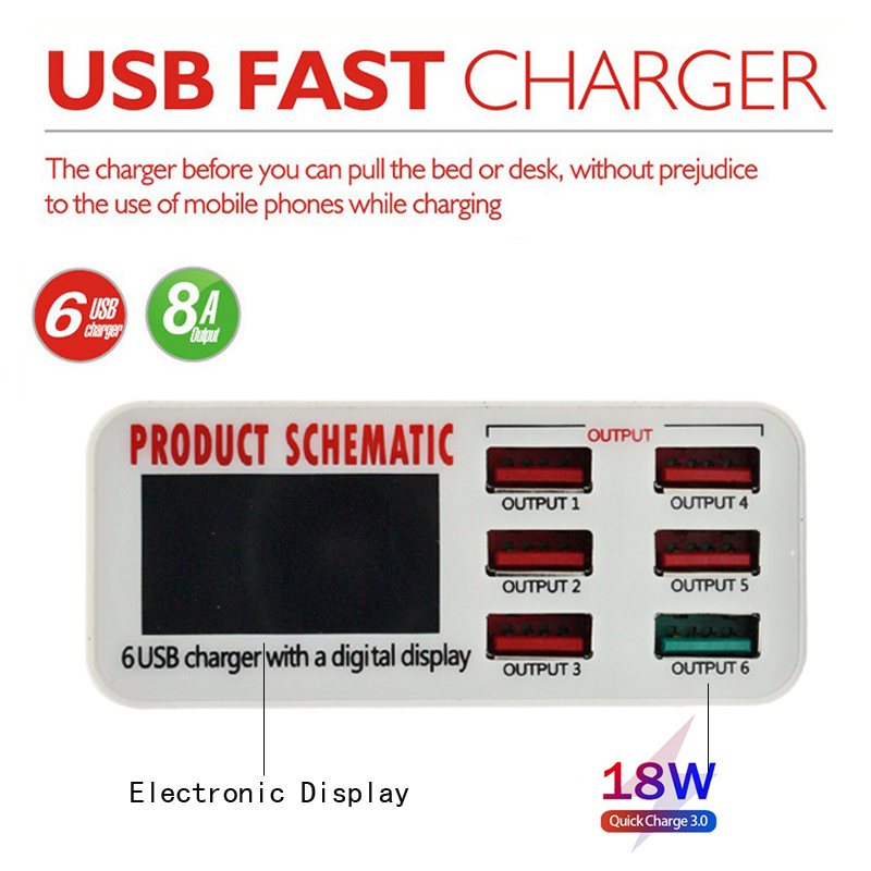 EONLINE 6A with LCD Digital Display 6 Port USB Charger Fast Smart Charging Station for iPhone Xiaomi Huawei Samsung Tablet