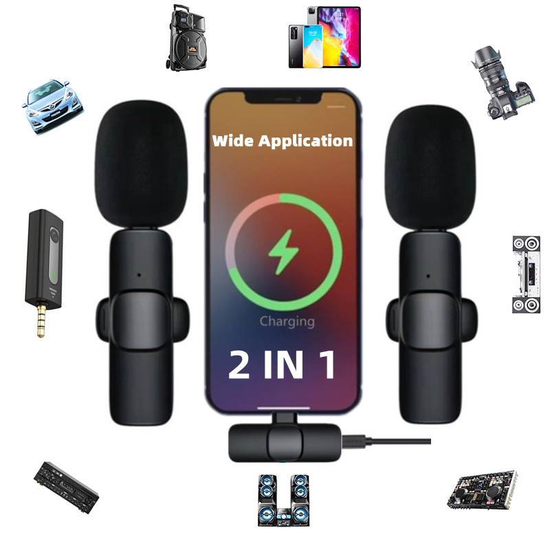 2024 New 1 Drag 2 Microphone Lavalier 2.4GHz 2 in 1 Portable Mini Microphone Wireless Recording Microphone for iPhone