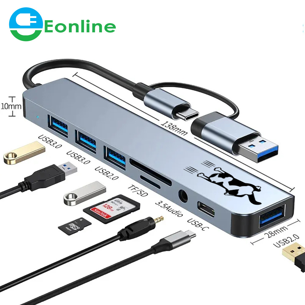 Eonline 3D 8 IN 1 USB HUB 3.0 Dock Station 5Gbps High Speed Transmission USB Splitter Type C to USB OTG Adapter