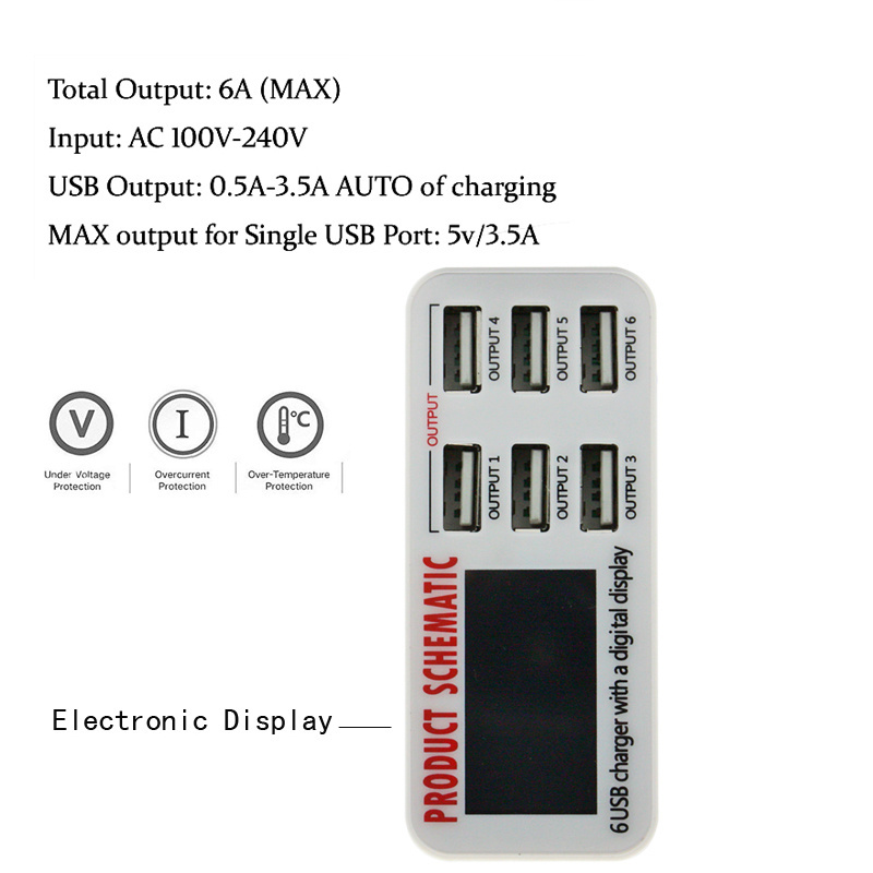 EONLINE 6A with LCD Digital Display 6 Port USB Charger Fast Smart Charging Station for iPhone Xiaomi Huawei Samsung Tablet