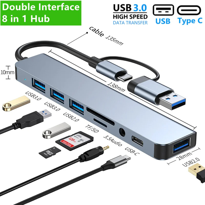 Eonline 3D 8 IN 1 USB HUB 3.0 Dock Station 5Gbps High Speed Transmission USB Splitter Type C to USB OTG Adapter