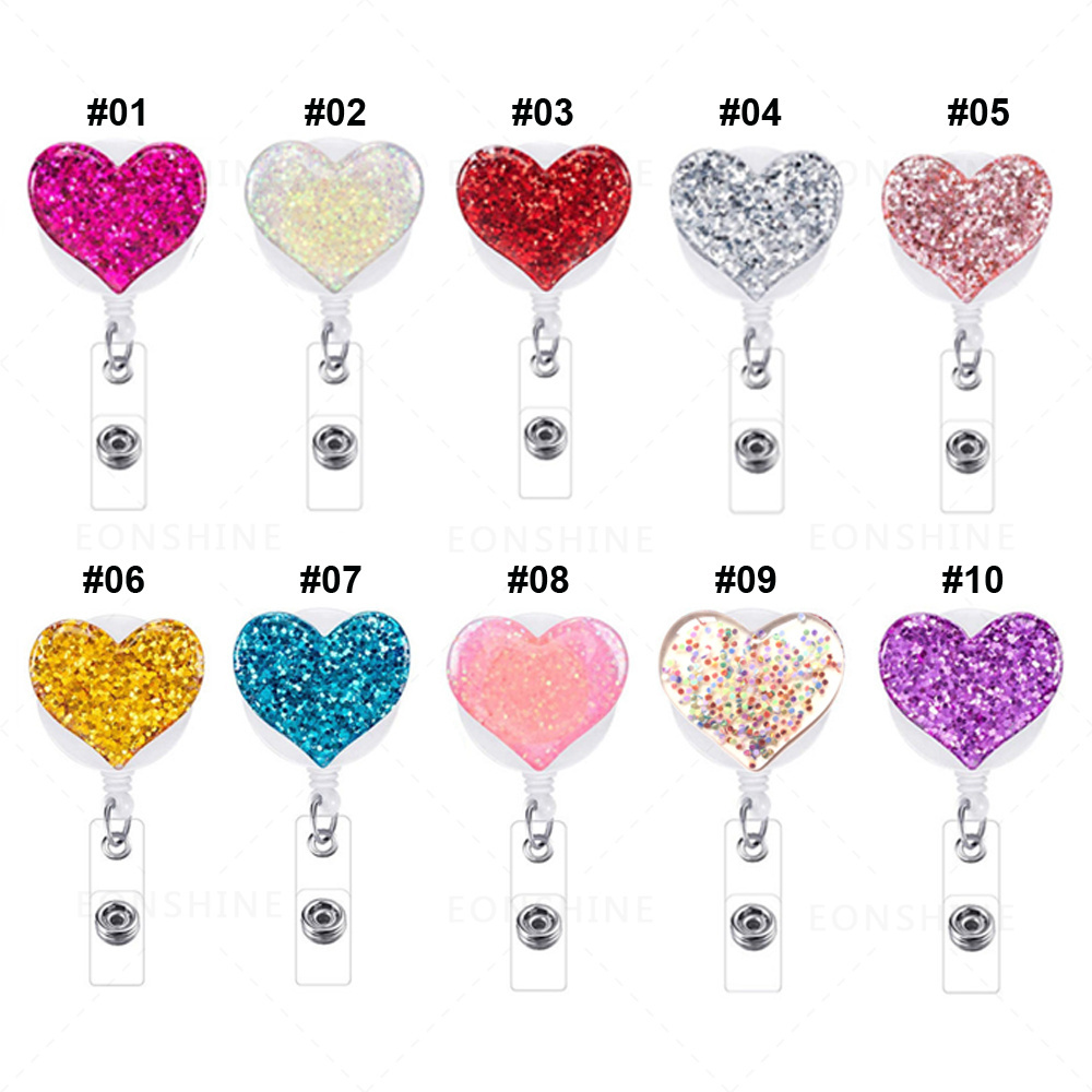 Sparkle Bling Plastic Medical Glitter Retractable Nursing Heart Badge Reel