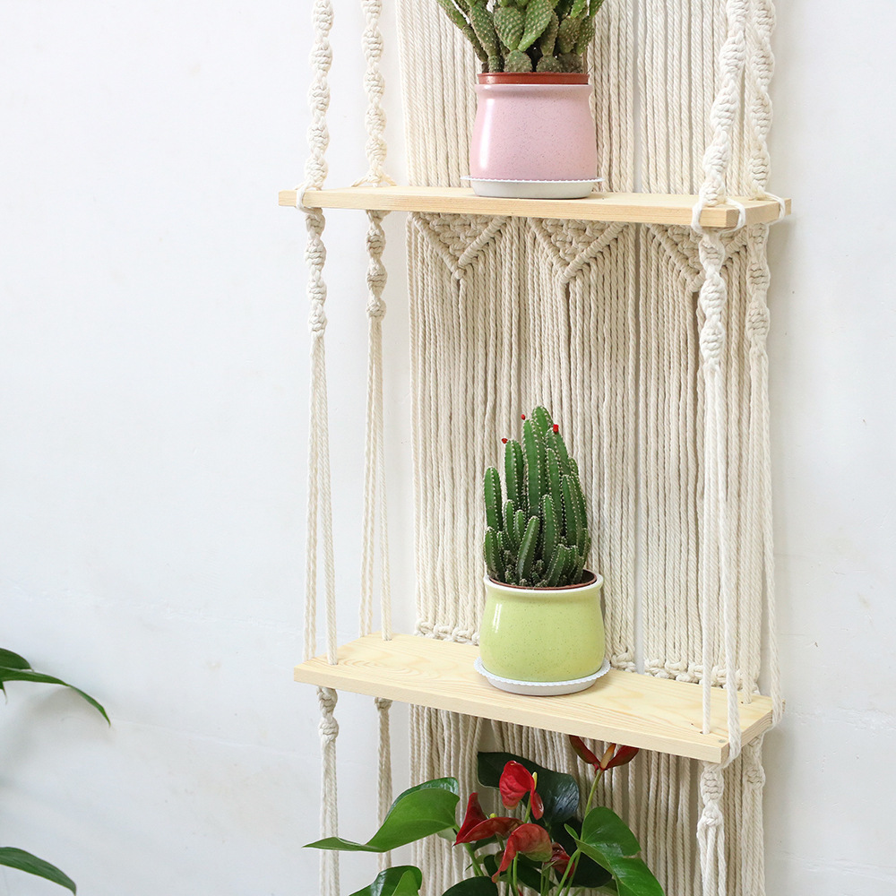 Three Layers Hanging Storage Decor plant hanger Macrame Woven Boho Tapestry Wall Shelf