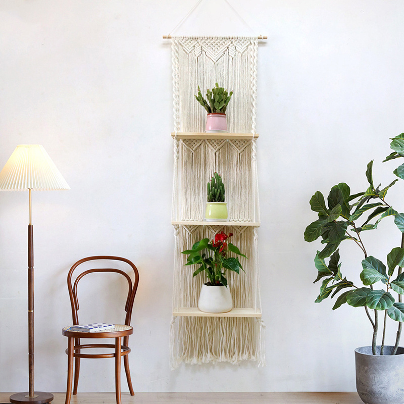 Three Layers Hanging Storage Decor plant hanger Macrame Woven Boho Tapestry Wall Shelf