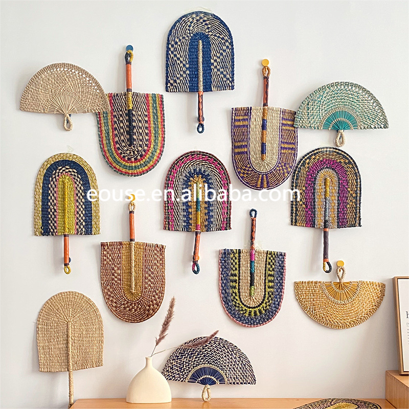 Grass woven Nordic handmade woven decoration for  living room entrance background household wall fan hanging accessories