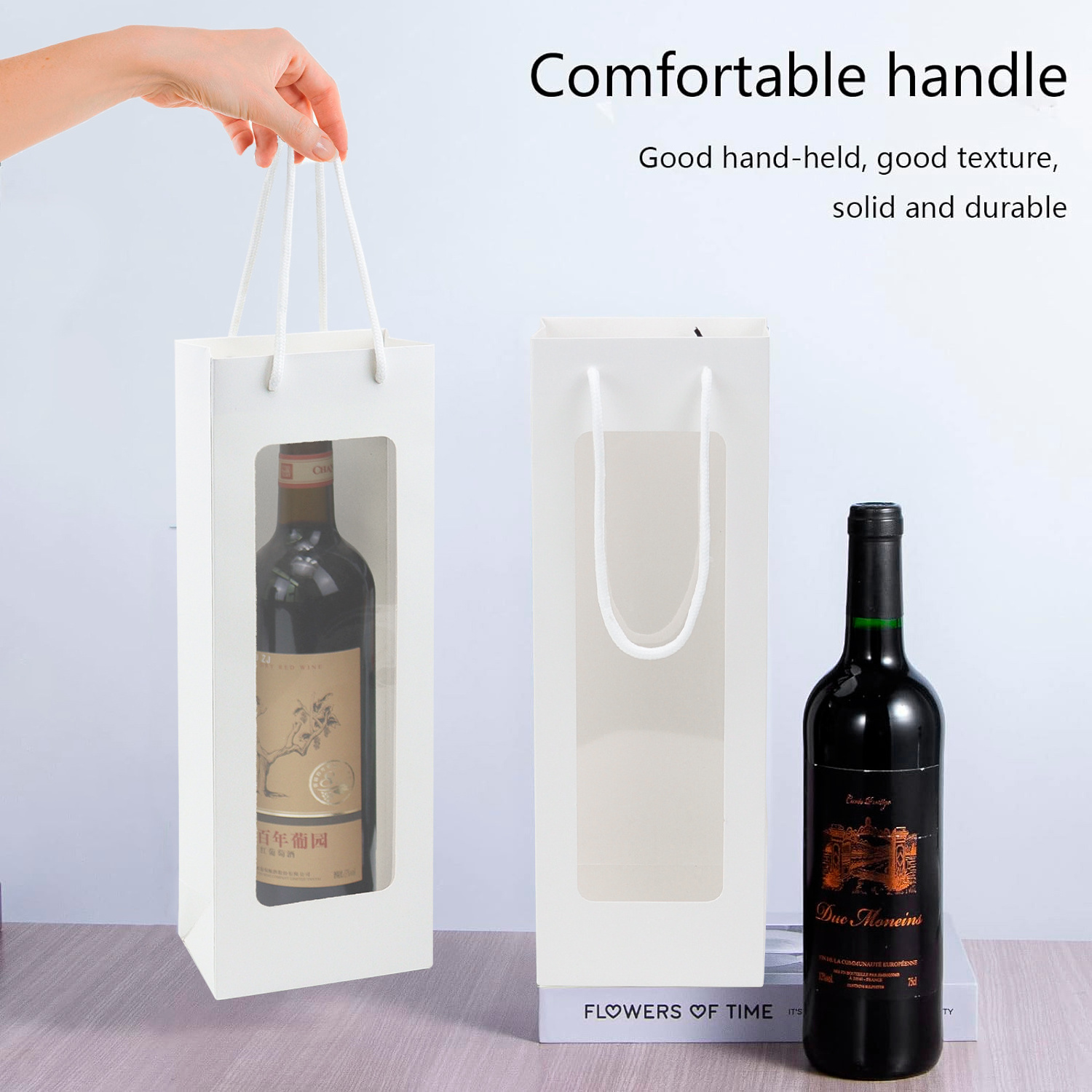 Custom Luxury Paper Prime Branded Wine Bottle Bags  Flower Gift Packaging Bag With Clear Window, Custom Printed Paper Wine Bags