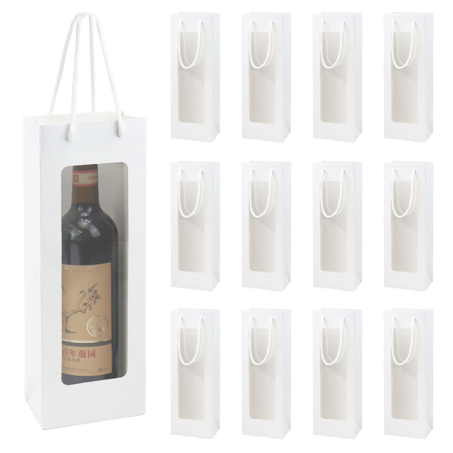 Custom Luxury Paper Prime Branded Wine Bottle Bags  Flower Gift Packaging Bag With Clear Window, Custom Printed Paper Wine Bags