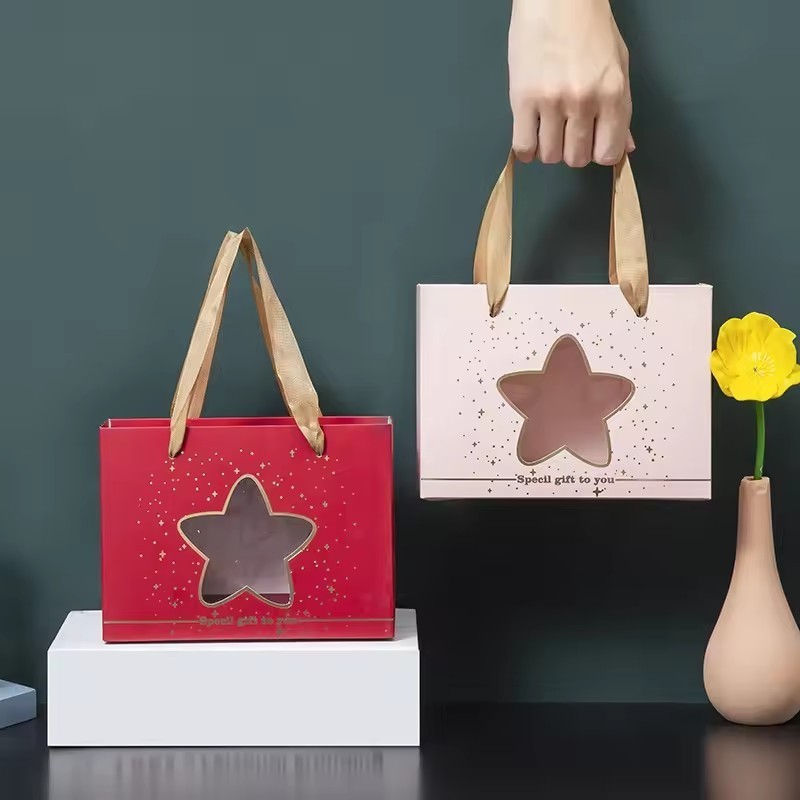 Custom square star shape window pull out drawer slide packaging gift bag for birthday wedding candy with ribbon handle