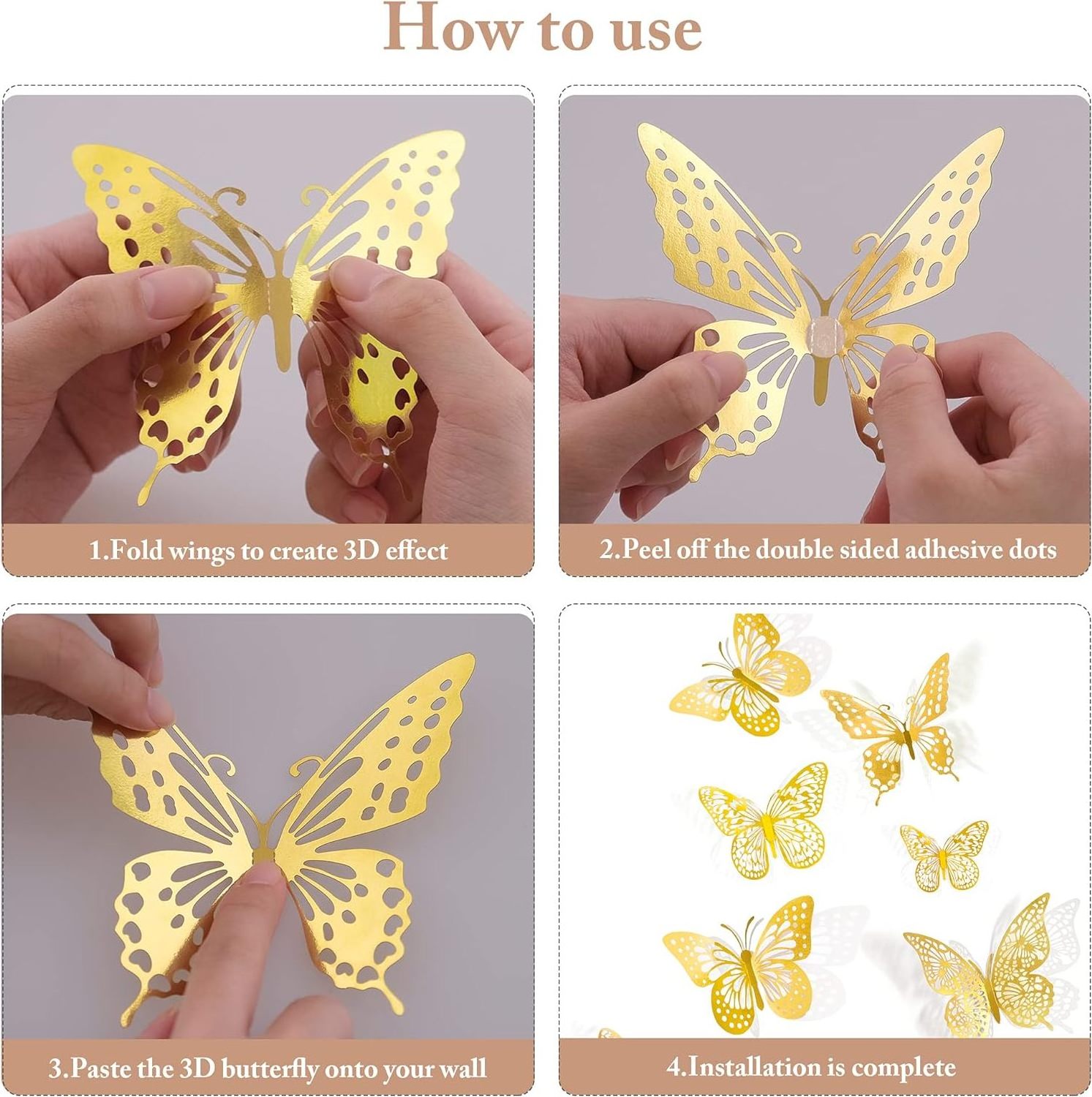 3D Gold Paper  Butterfly For Birthday or Wedding  Decorations  used to Cake Decorations and Wall  Removable Stickers