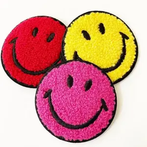 2024 Hot sell chenille embroidered patches 3 inch smile face chenille towel embroidery badge patch for hat