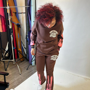 Custom Winter Blank Jogger Unisex Fleece Tracksuit 3d puff print  2 Piece Fleece Women Cotton track suit