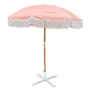 Custom Design Real Wooden Pole  Foldable Sun Umbrella Outdoor Beach Umbrella With Tassels