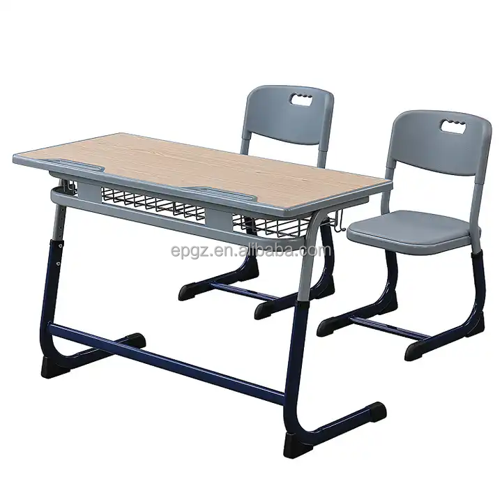 Wooden School Desk with Bench Two Seats Student Double Desk Bench for School Furniture