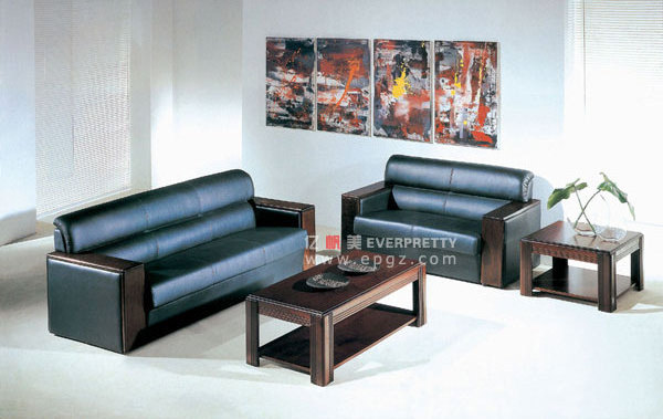 Modern classic black 2 seating leather sofa set and wooden coffee table for sale