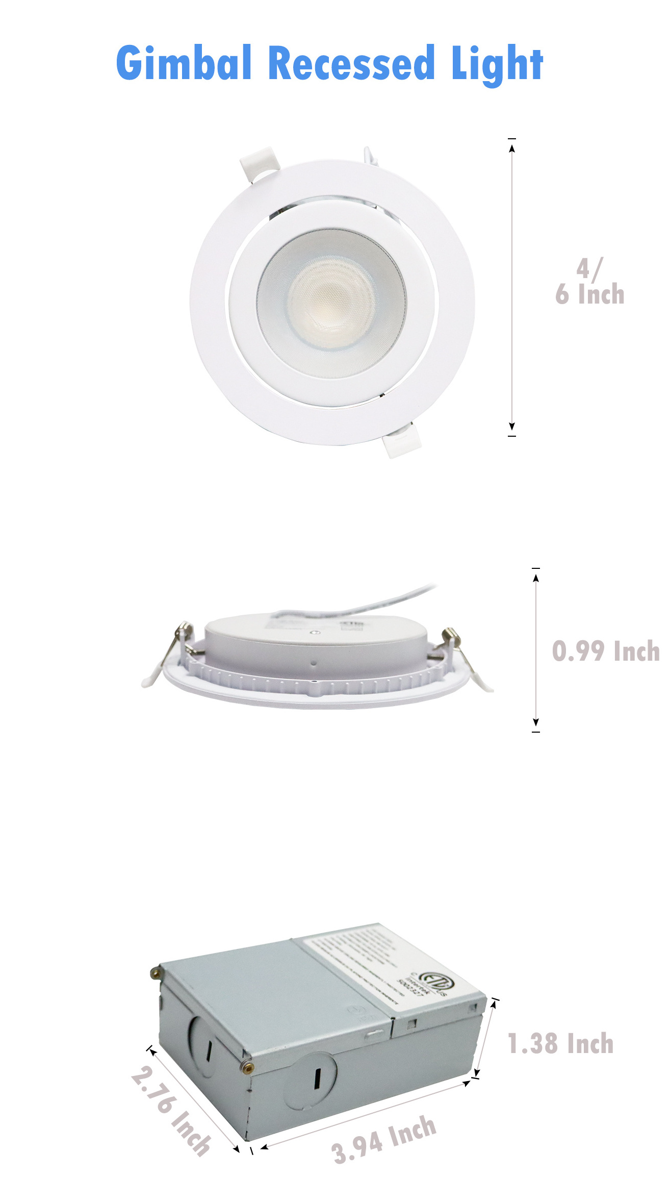 6 Inch 5CCT Dimmable 2700K/3000K/3500K/4000K/5000K Gimbal LED Recessed Lighting