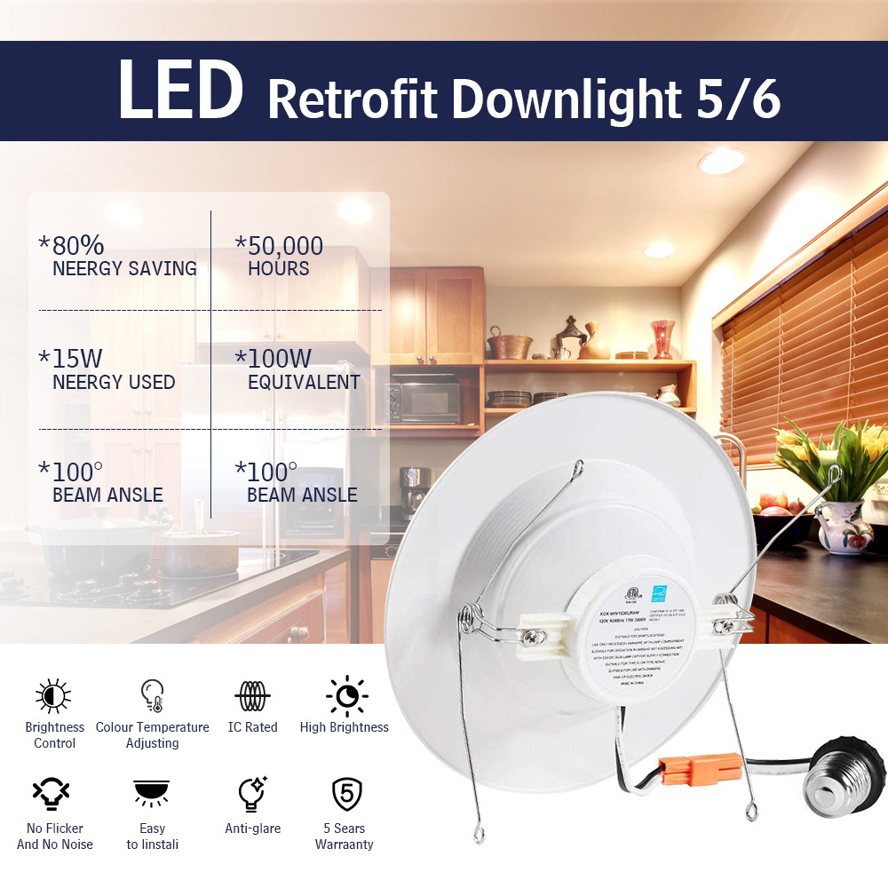 Simple Retrofit Installation Led Recessed Can Light 5/6 Inch 15W 1250LM Led Can Lights E26 Base Screw in Aluminum 90 Modern 1200