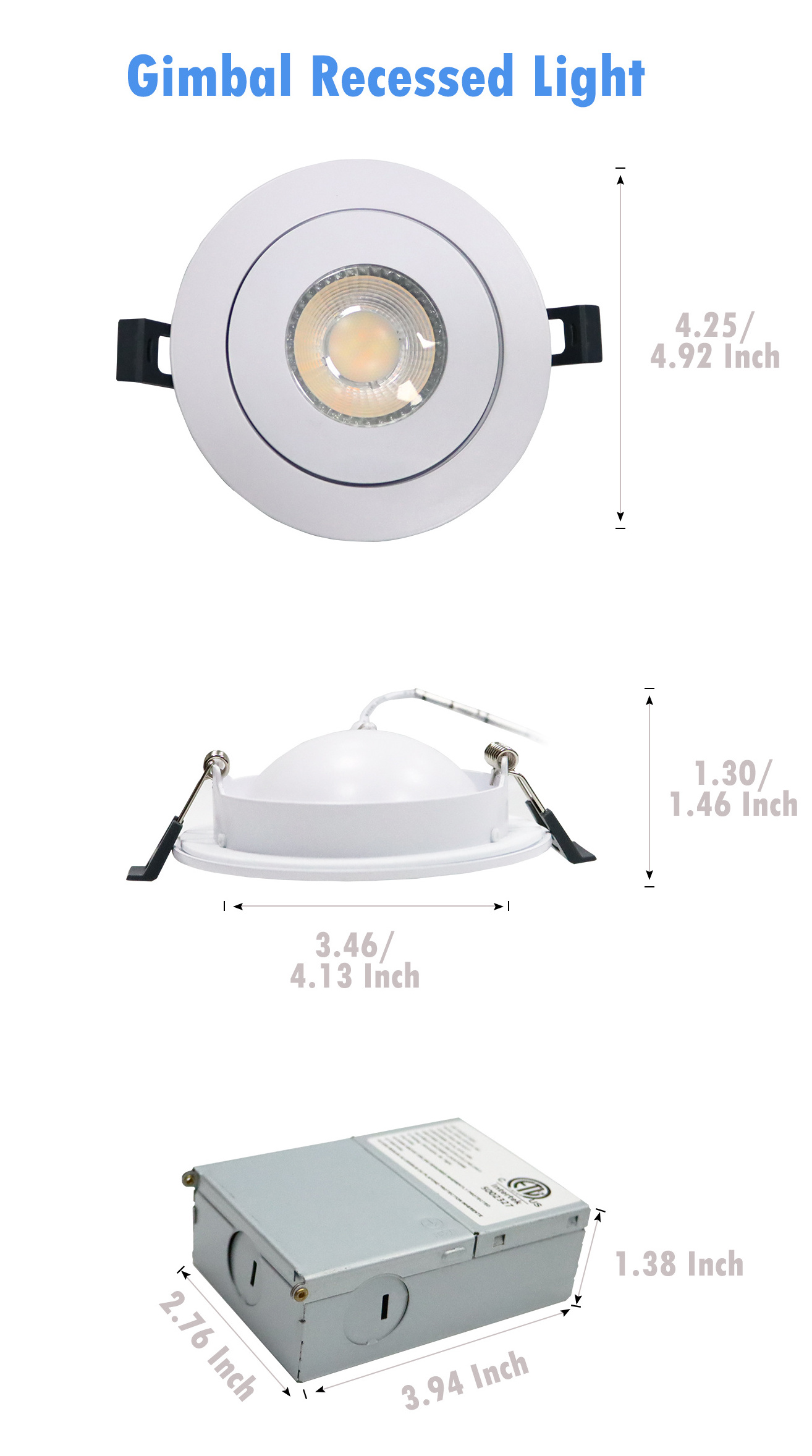 Adjustable Directional Eyeball Lighting Dimmable 6 Inch 5CCT LED Gimbal Led Recessed Light with Junction Box