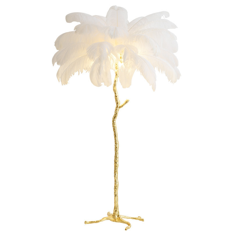 Feather Floor Vertical Table Lamp Ins Style Creative Living Room Bedroom Light Luxury Bedside Resin Gold Stand for Home Decor