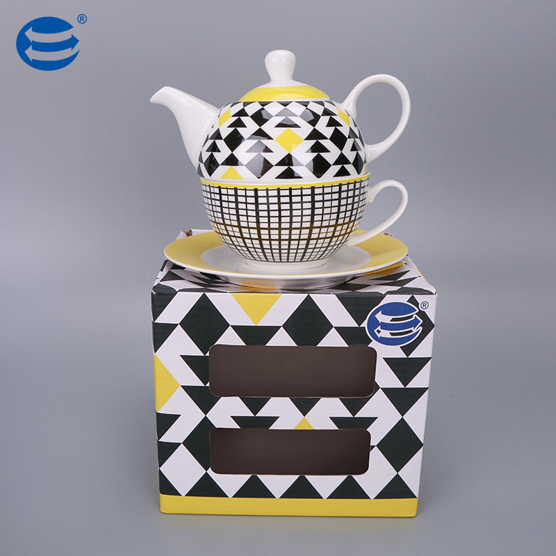 High quality ceramic teapot for one modern design yellow black teapot and cup in one for hotel restaurant use tea sets