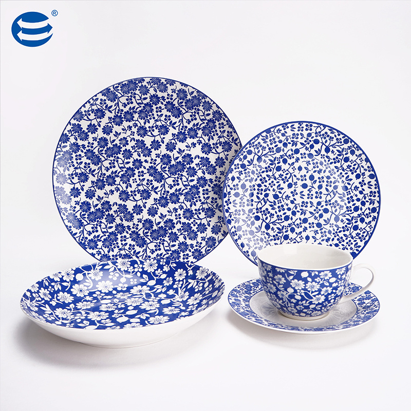 Wholesale blue and white porcelain dinnerware set retro tableware luxury restaurant dinner plates ceramic tableware sets