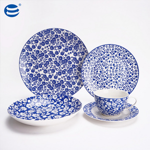 Wholesale blue and white porcelain dinnerware set retro tableware luxury restaurant dinner plates ceramic tableware sets