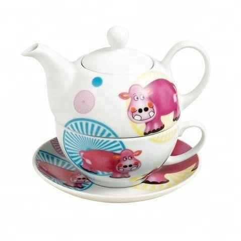 cute cartoon bear decal 3 pcs ceramic tea set for one service with tea pot, cup and saucer