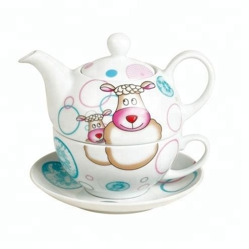 cute cartoon bear decal 3 pcs ceramic tea set for one service with tea pot, cup and saucer